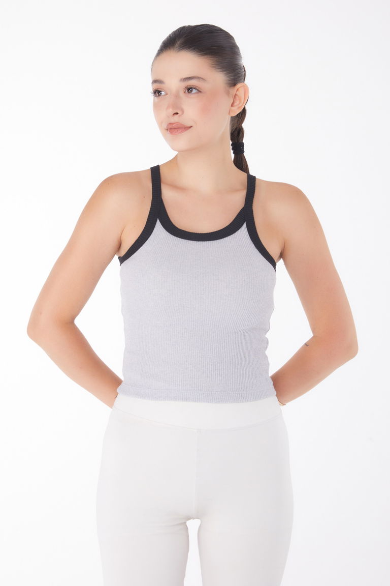 Düz Orta Kadın Gri Kalın Askılı Crop - 25957 - TOFİSA