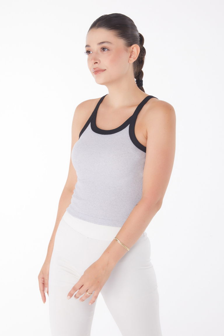 Düz Orta Kadın Gri Kalın Askılı Crop - 25957 - TOFİSA