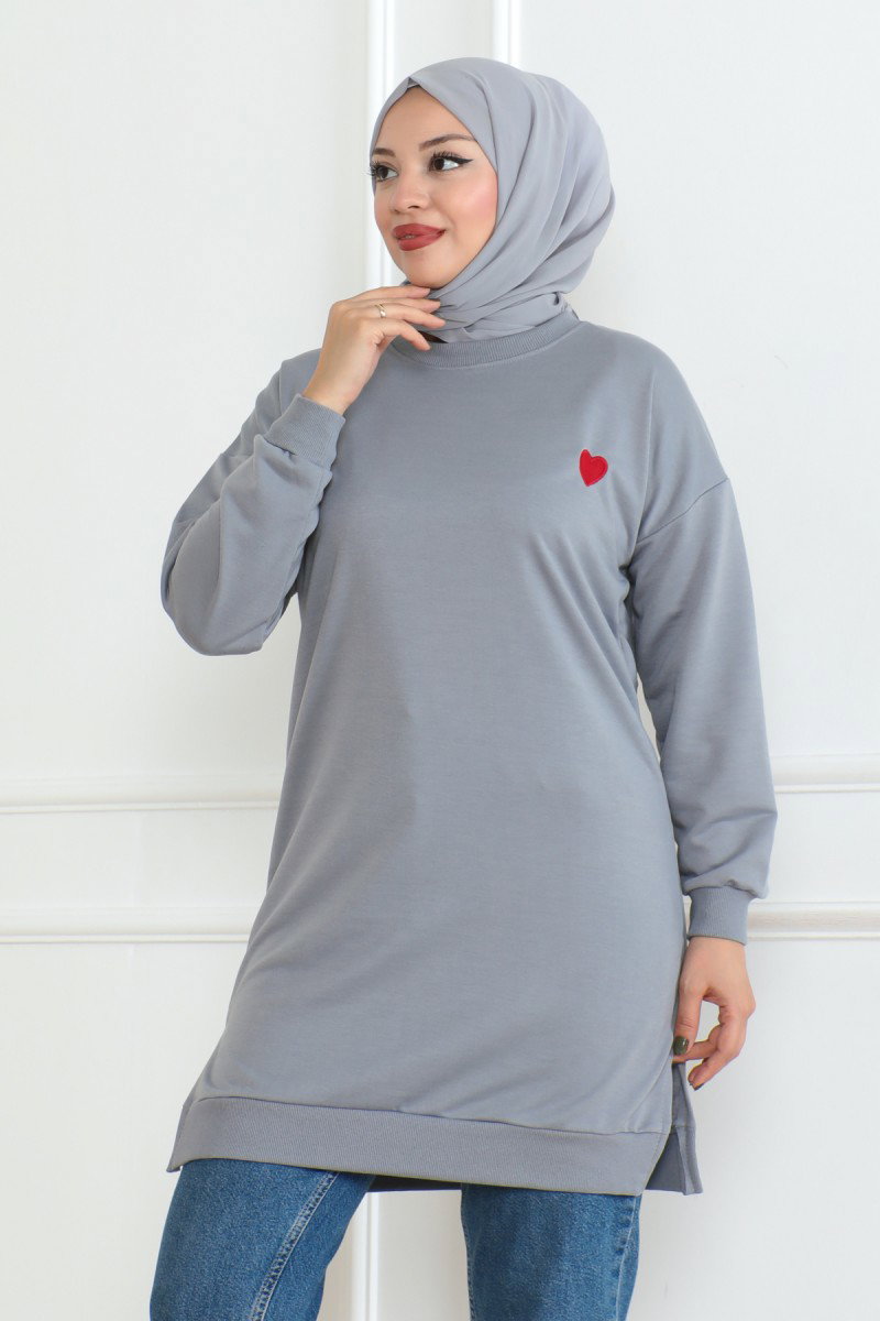 Düz Orta Kadın Gri Kalpli Tunik - 26604 - 2