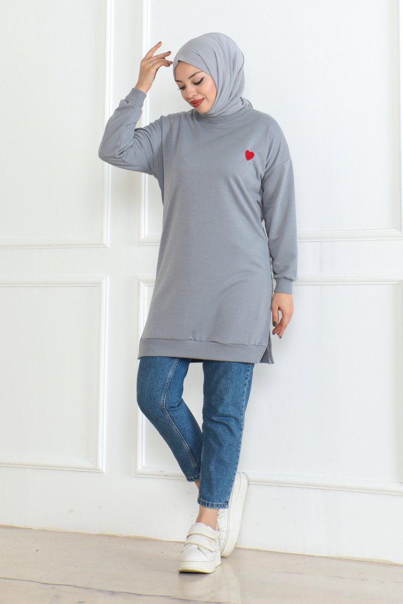 Düz Orta Kadın Gri Kalpli Tunik - 26604 - 3