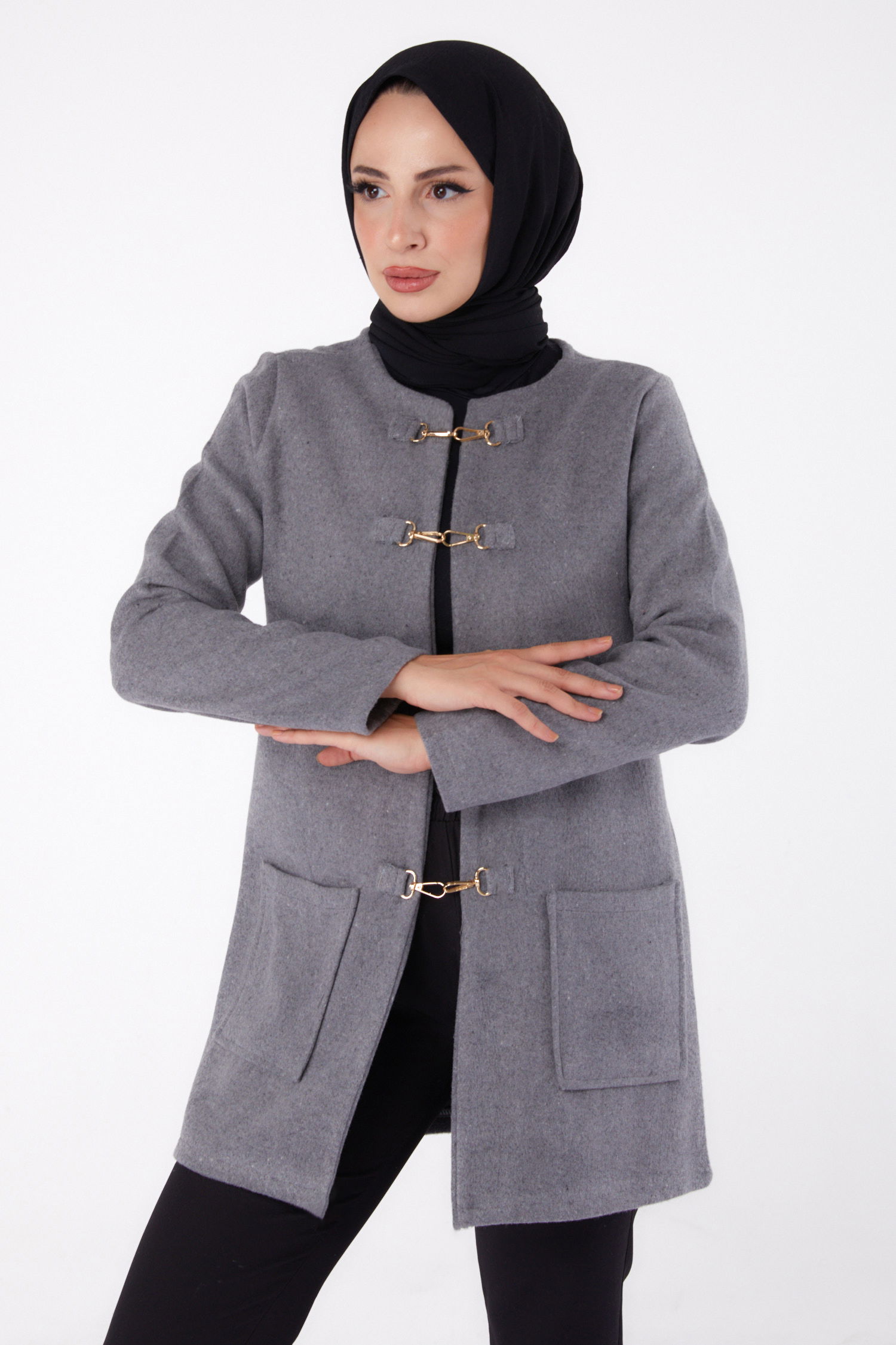 Düz Orta Kadın Gri Kaşe Ceket - 13292 - 2
