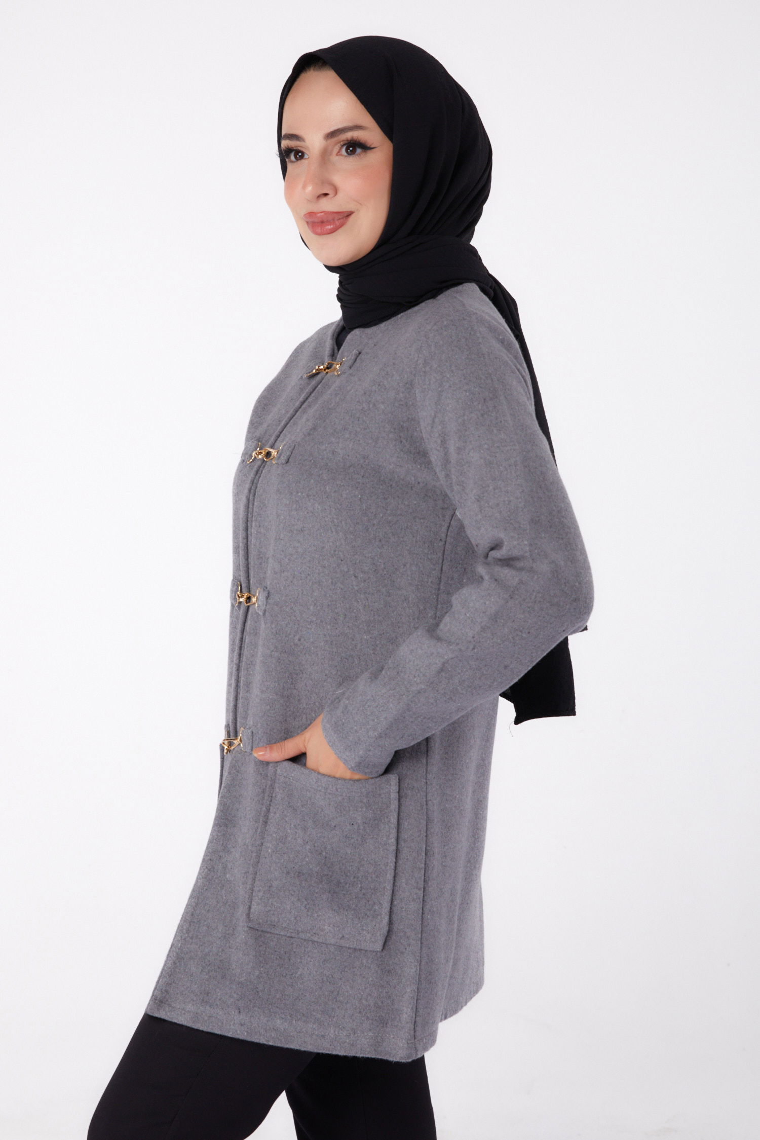 Düz Orta Kadın Gri Kaşe Ceket - 13292 - 4