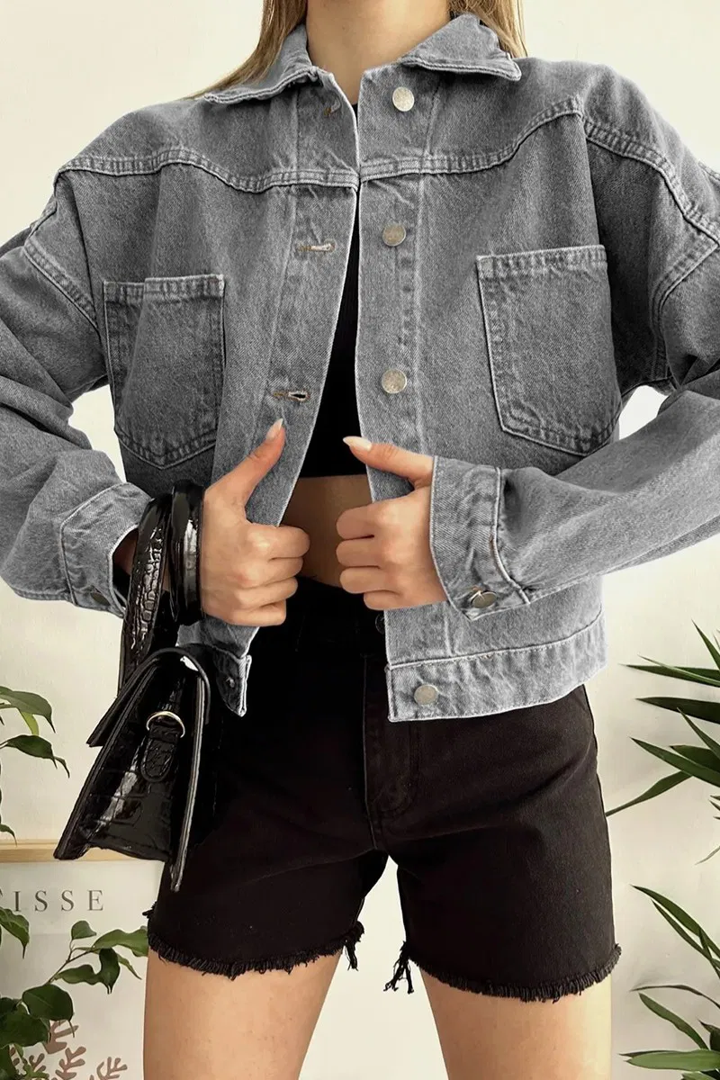 Düz Orta Kadın Gri Kısa Kot Ceket - 26573 - 10