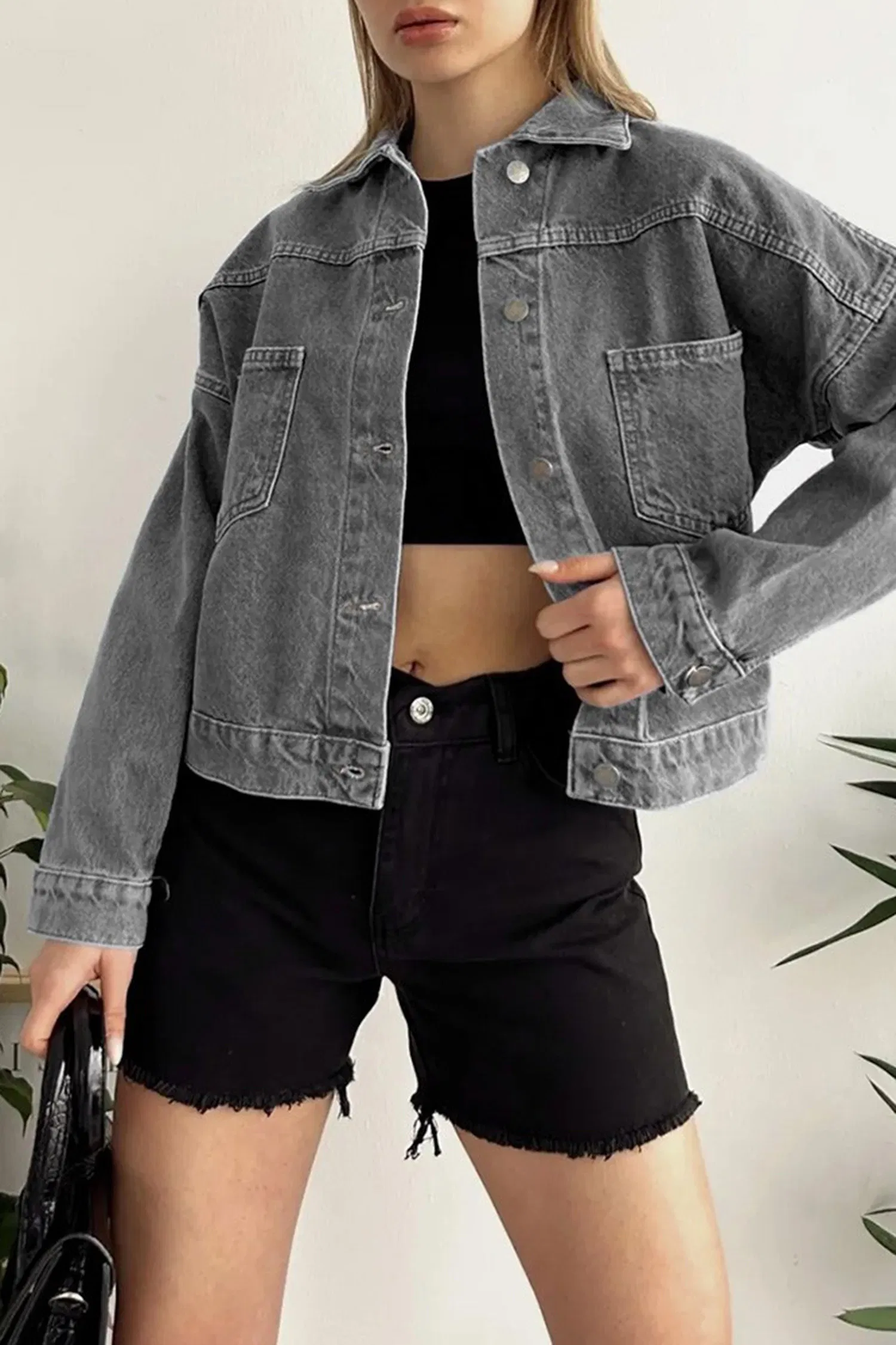 Düz Orta Kadın Gri Kısa Kot Ceket - 26573 - 11