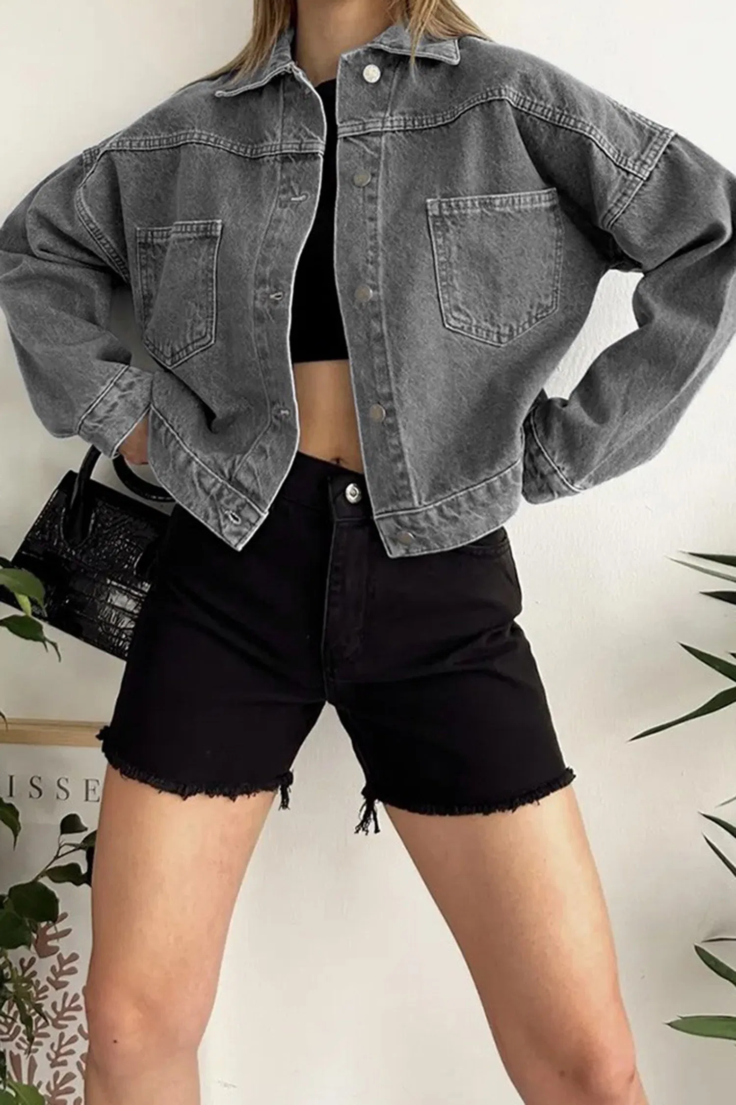 Düz Orta Kadın Gri Kısa Kot Ceket - 26573 - 13