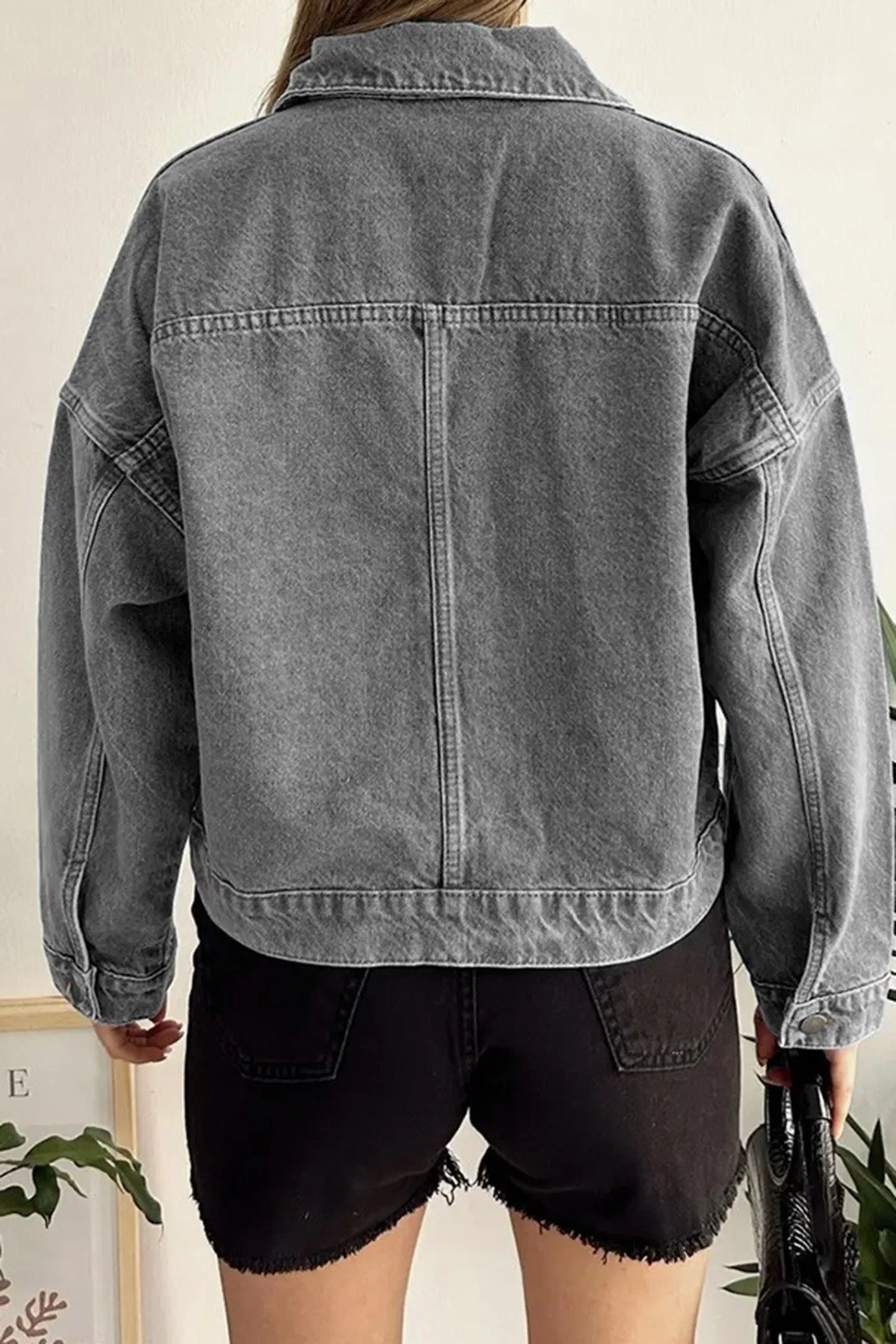 Düz Orta Kadın Gri Kısa Kot Ceket - 26573 - 14