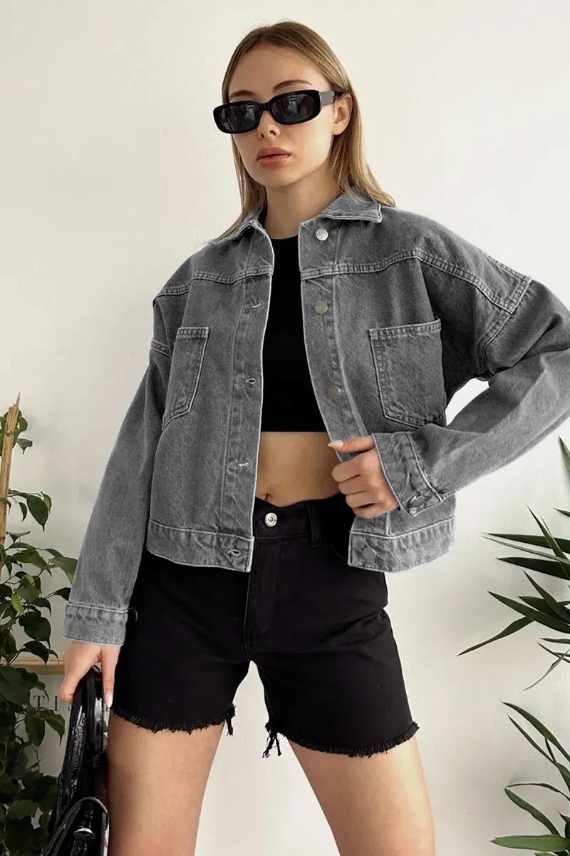 Düz Orta Kadın Gri Kısa Kot Ceket - 26573 - 9