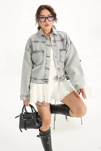 Düz Orta Kadın Gri Kısa Kot Ceket - 26573 