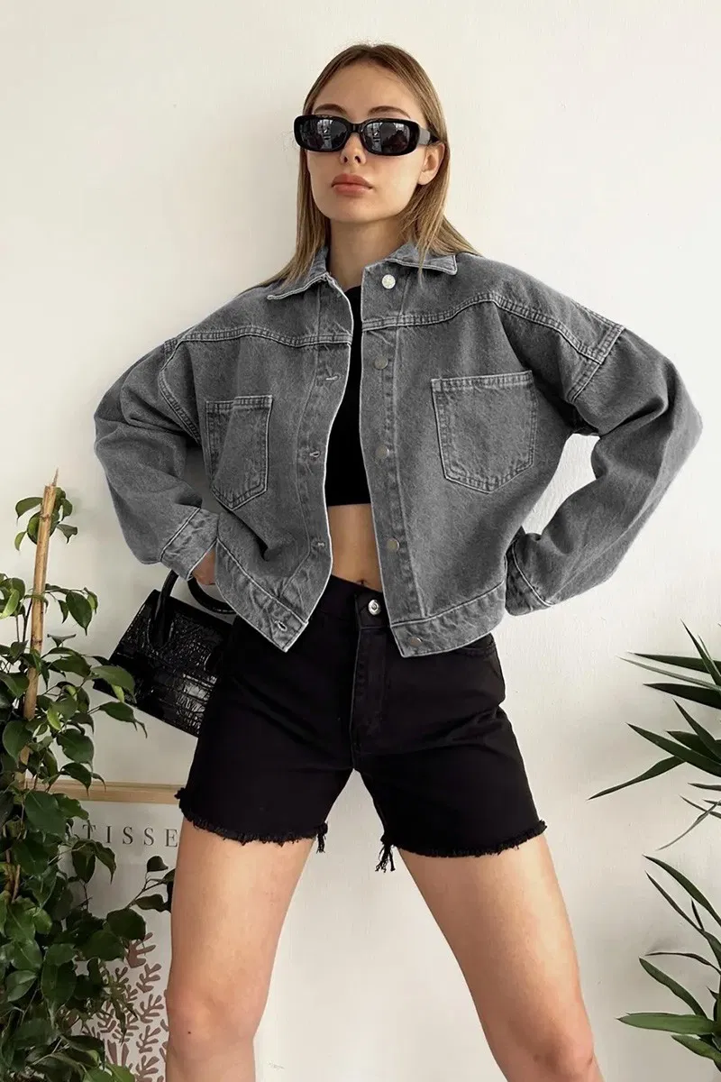 Düz Orta Kadın Gri Kısa Kot Ceket - 26573 - 8