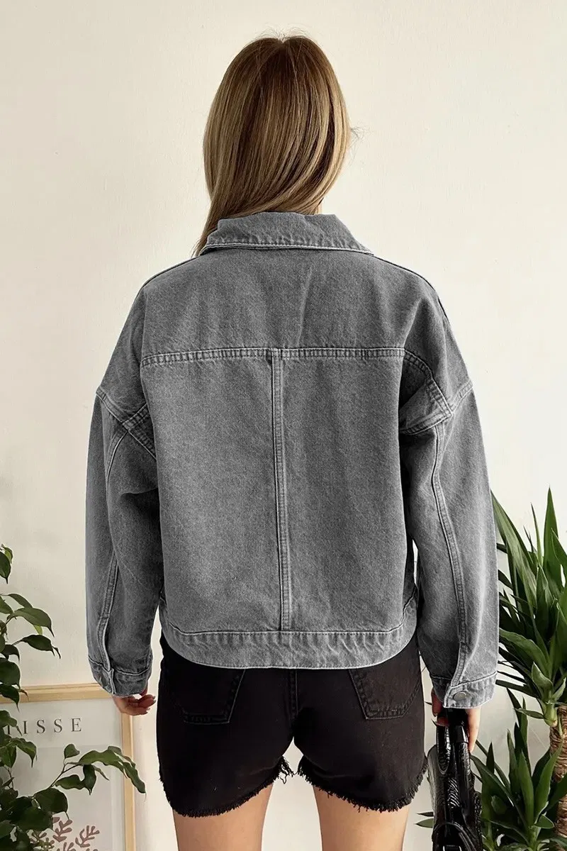 Düz Orta Kadın Gri Kısa Kot Ceket - 26573 - 7