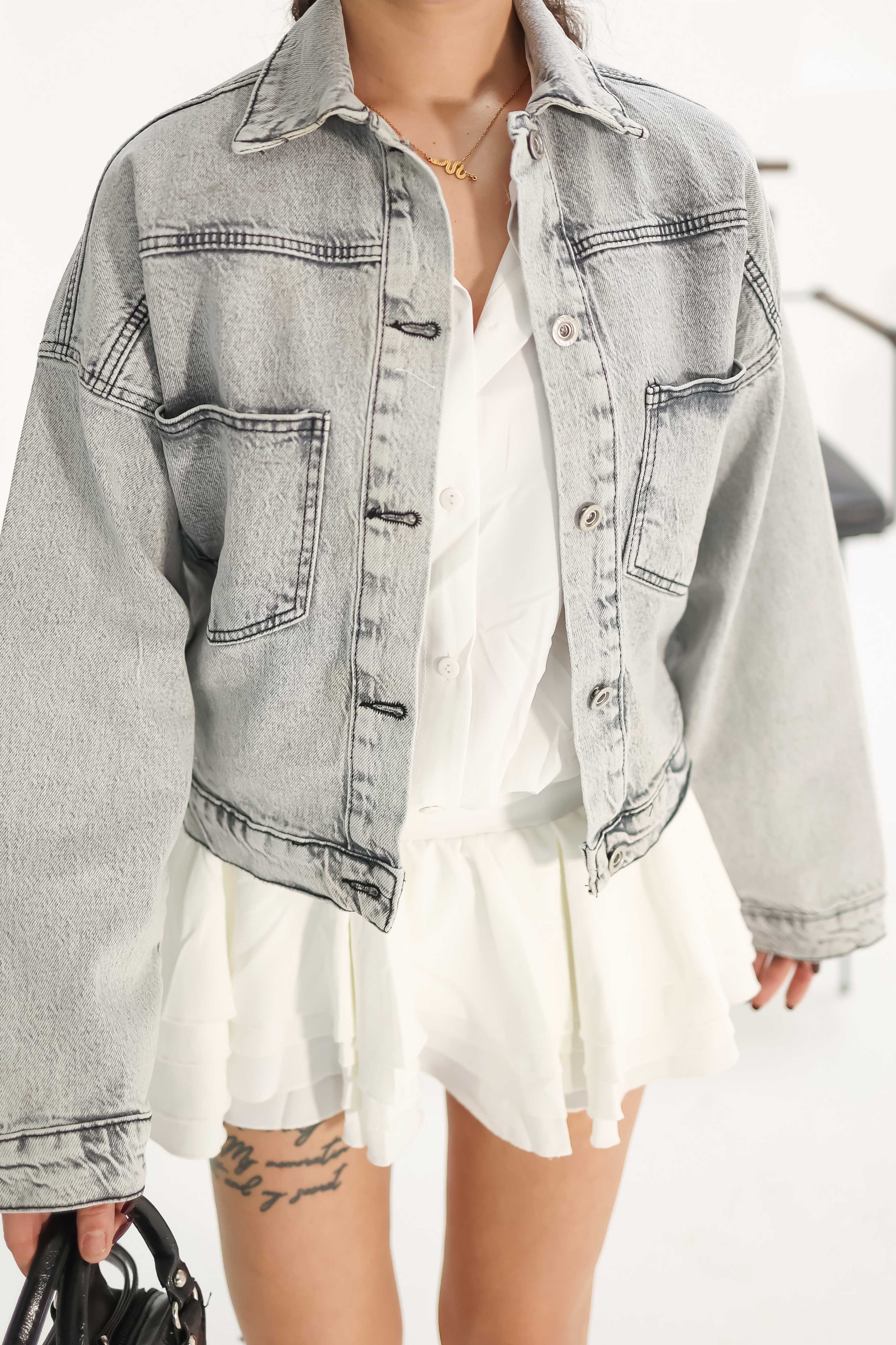 Düz Orta Kadın Gri Kısa Kot Ceket - 26573 - 3