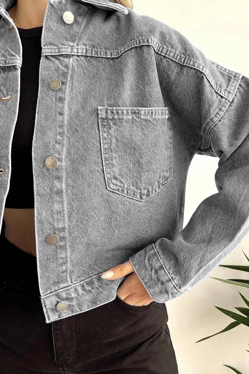 Düz Orta Kadın Gri Kısa Kot Ceket - 26573 - 5