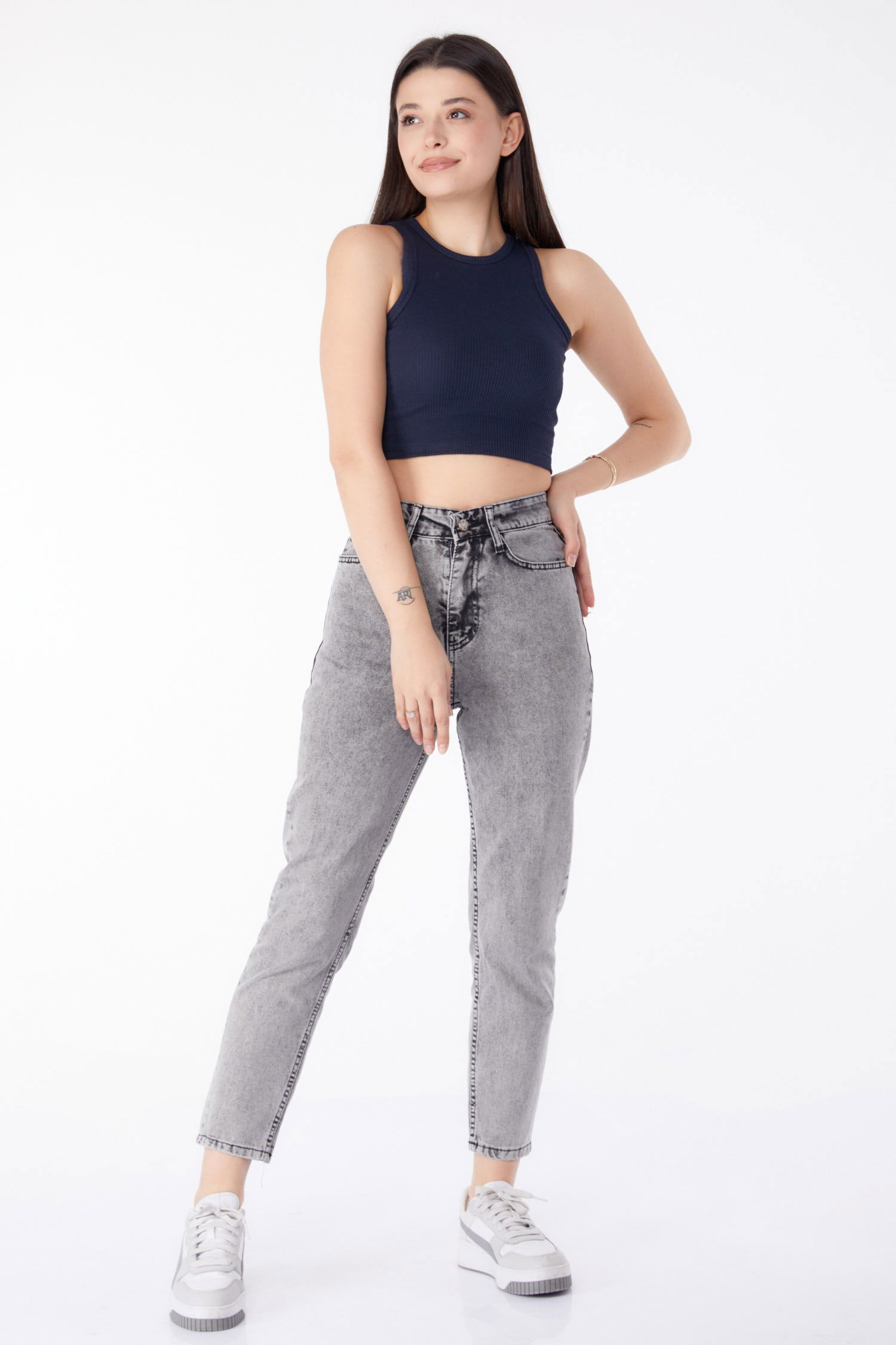 Düz Orta Kadın Gri Kot Pantolon Yüksek Bel Mom Jeans - 25177 - 2