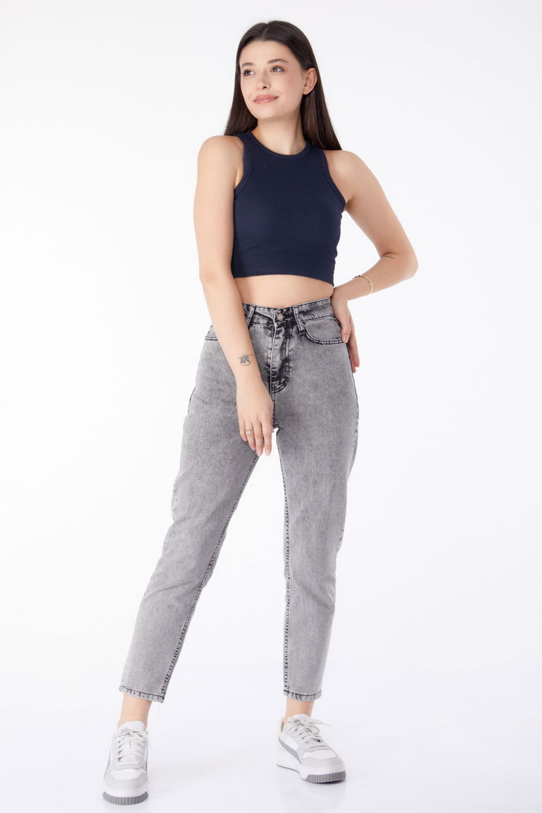 Düz Orta Kadın Gri Kot Pantolon Yüksek Bel Mom Jeans - 25177 - TOFİSA