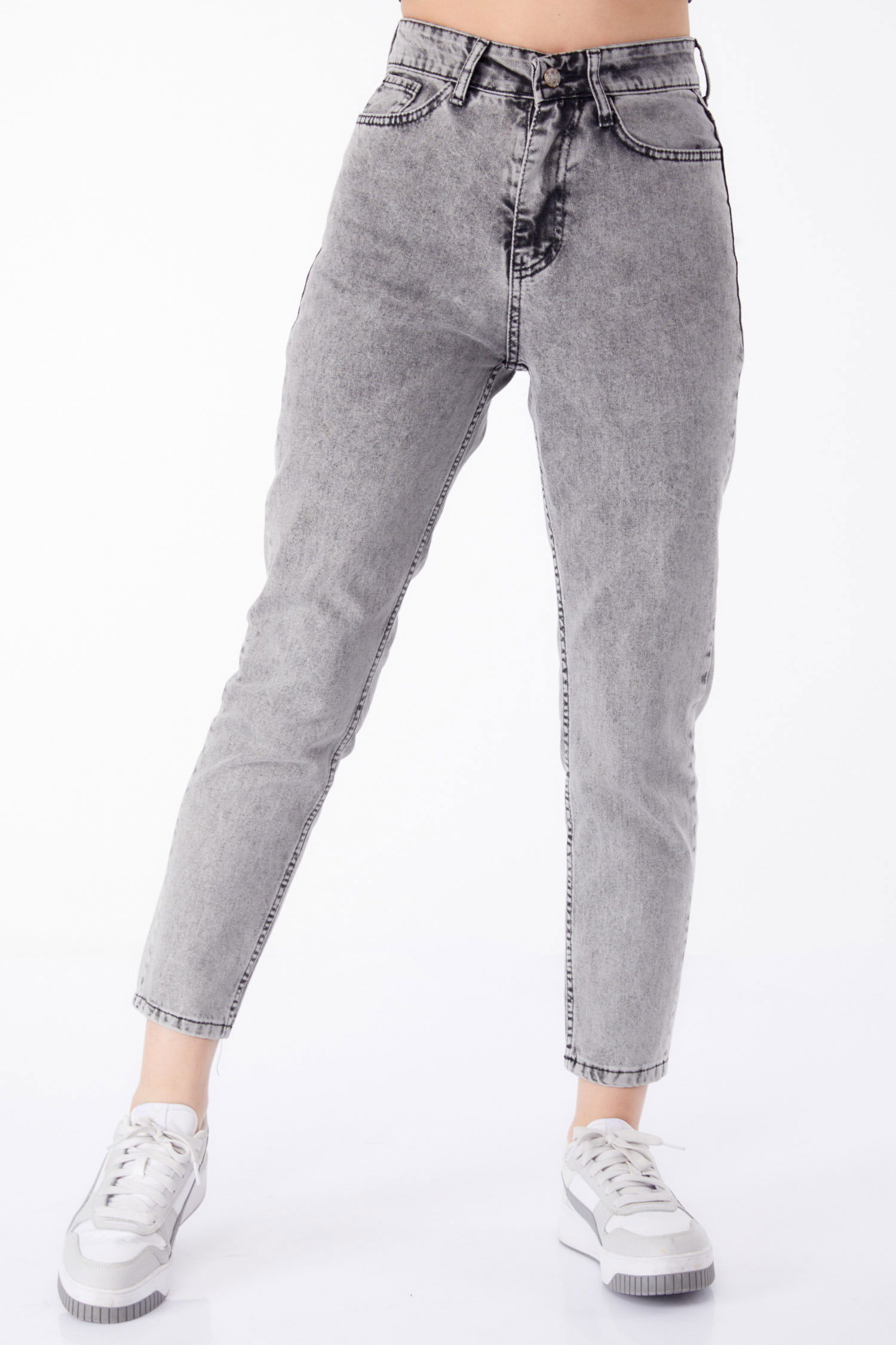 Düz Orta Kadın Gri Kot Pantolon Yüksek Bel Mom Jeans - 25177 - 3