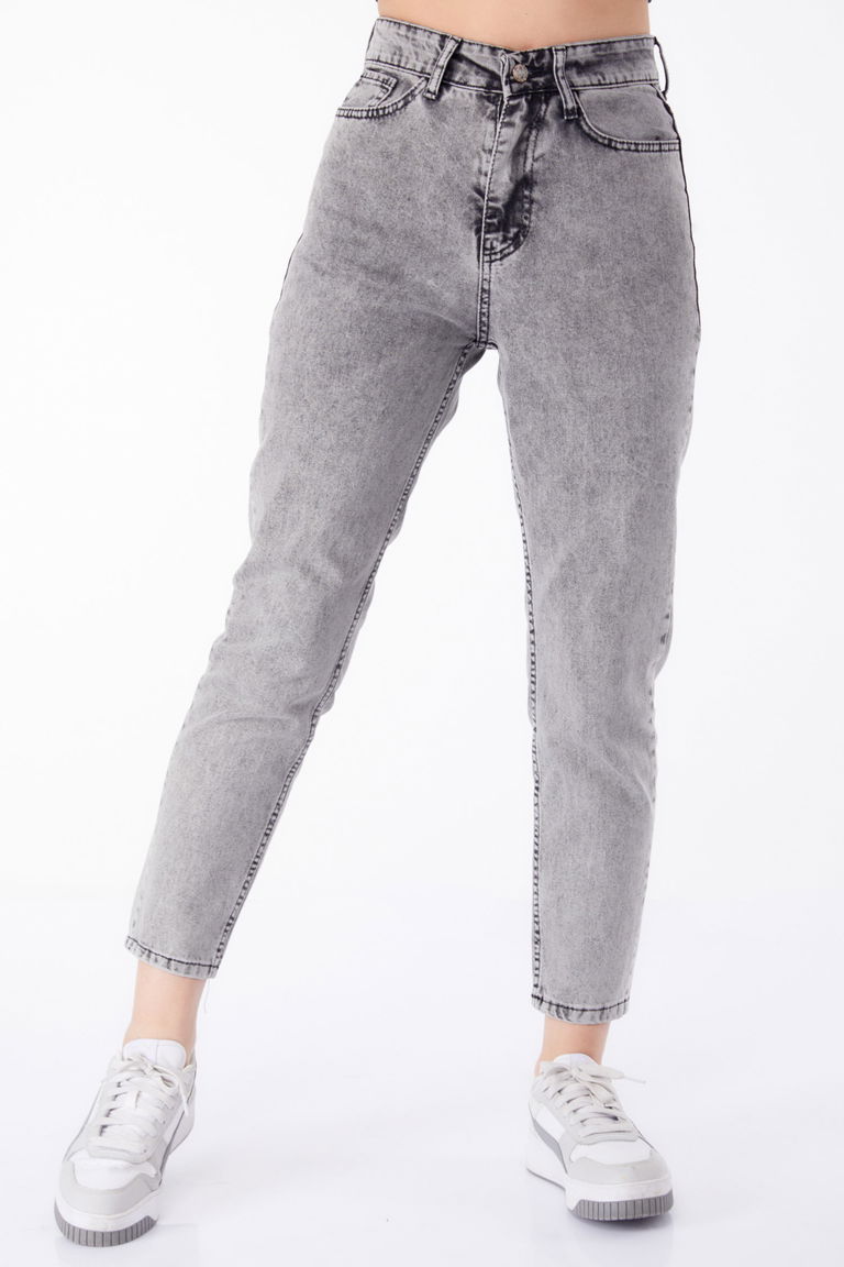 Düz Orta Kadın Gri Kot Pantolon Yüksek Bel Mom Jeans - 25177 - TOFİSA