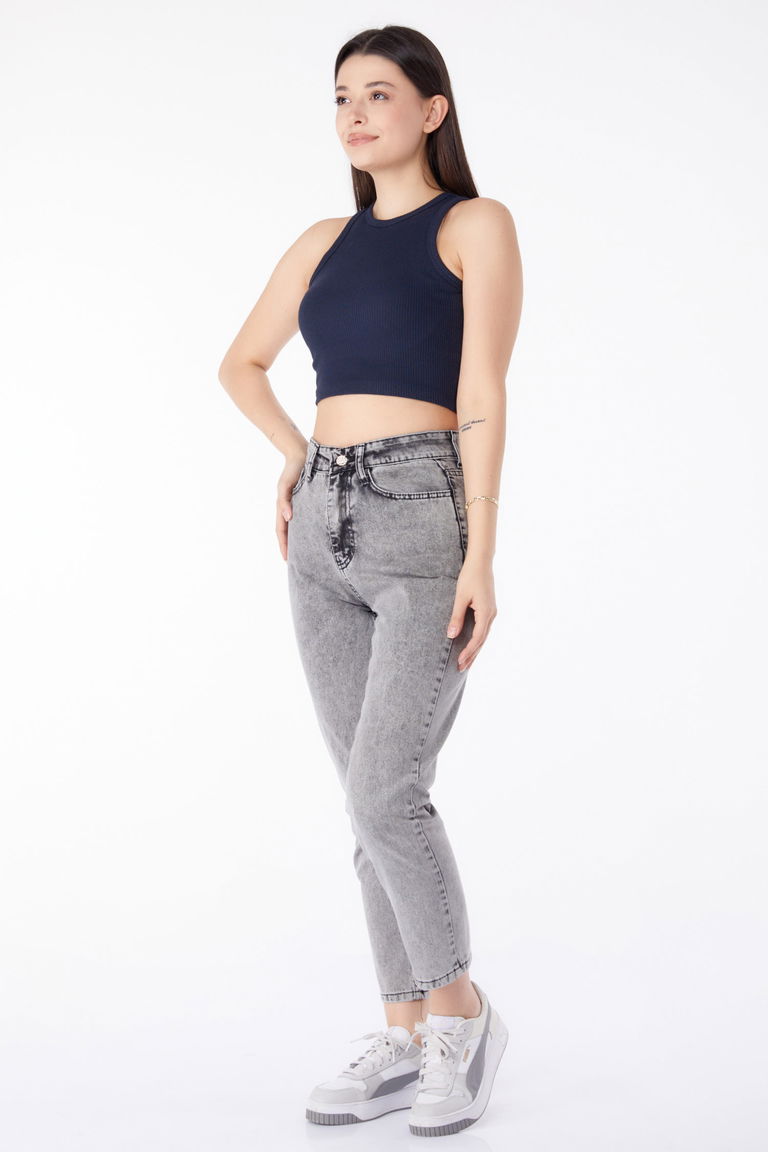 Düz Orta Kadın Gri Kot Pantolon Yüksek Bel Mom Jeans - 25177 - TOFİSA