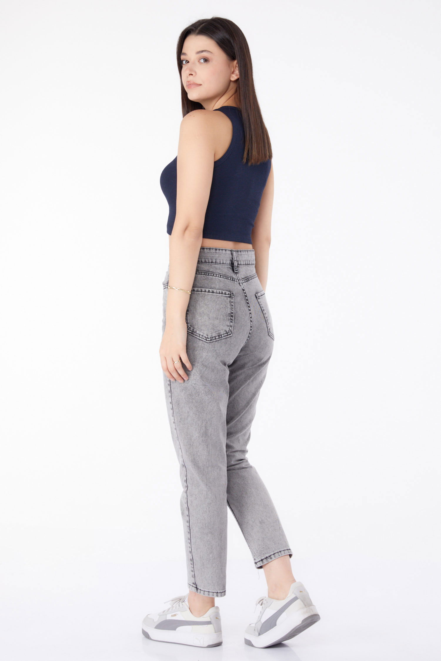 Düz Orta Kadın Gri Kot Pantolon Yüksek Bel Mom Jeans - 25177 - 5