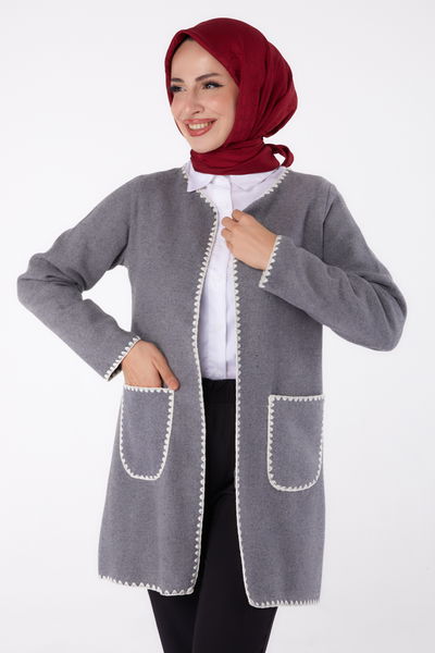 Düz Orta Kadın Gri Nakışlı Ceket - 13304 