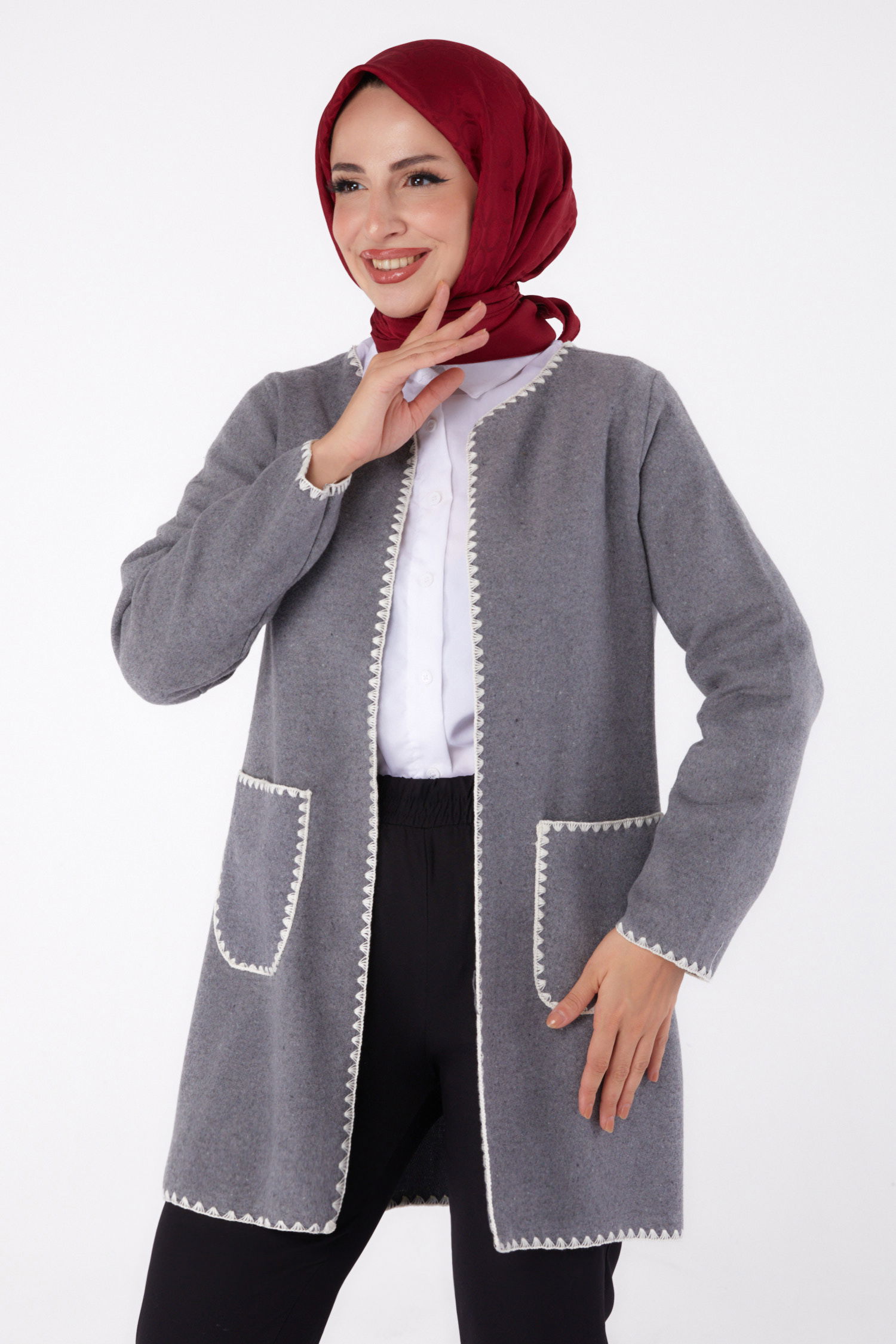 Düz Orta Kadın Gri Nakışlı Ceket - 13304 - 2