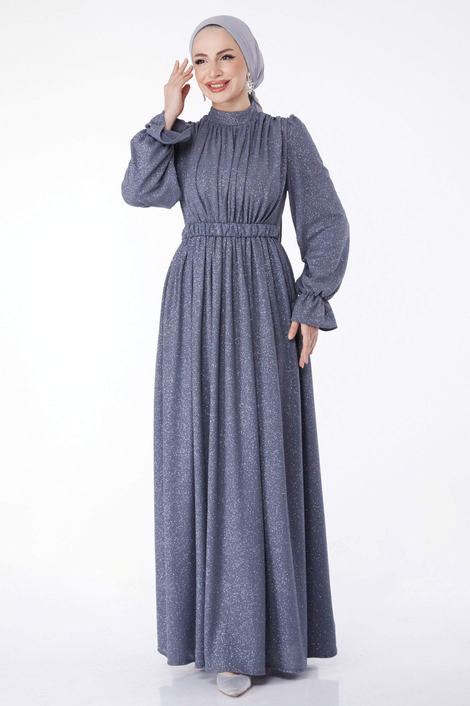 Simli Kemerli Abiye Elbise Gri - 25058 - 1