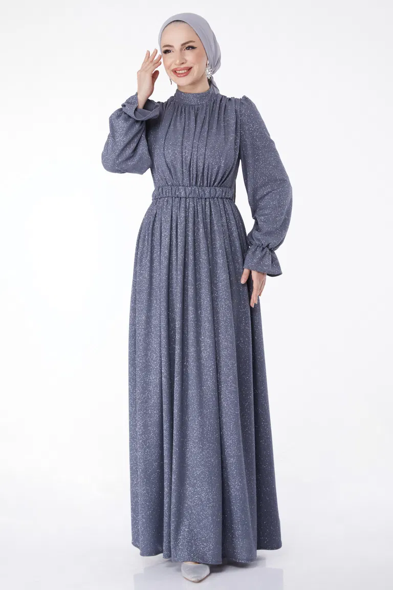 Simli Kemerli Abiye Elbise Gri - 25058 - TOFİSA
