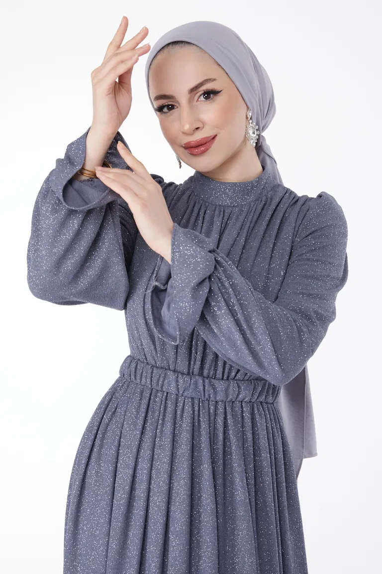 Simli Kemerli Abiye Elbise Gri - 25058 - TOFİSA