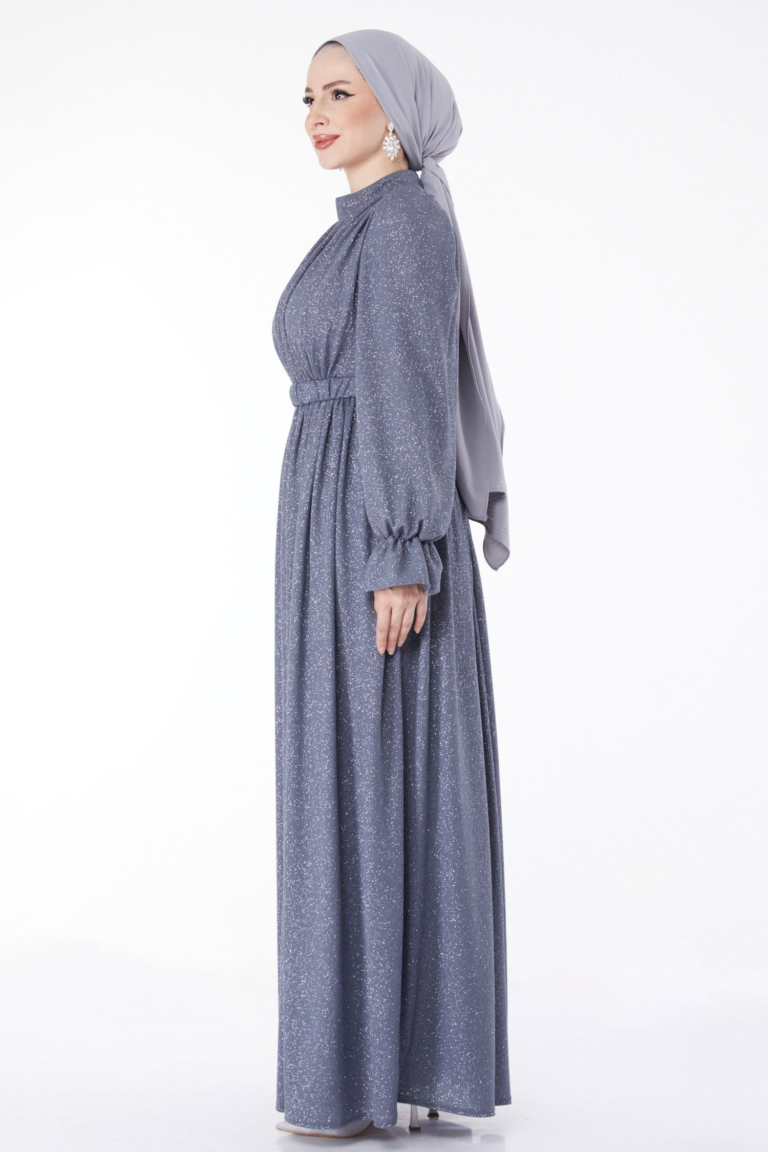 Simli Kemerli Abiye Elbise Gri - 25058 - 4