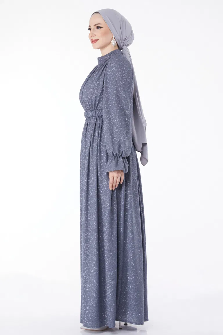 Simli Kemerli Abiye Elbise Gri - 25058 - TOFİSA