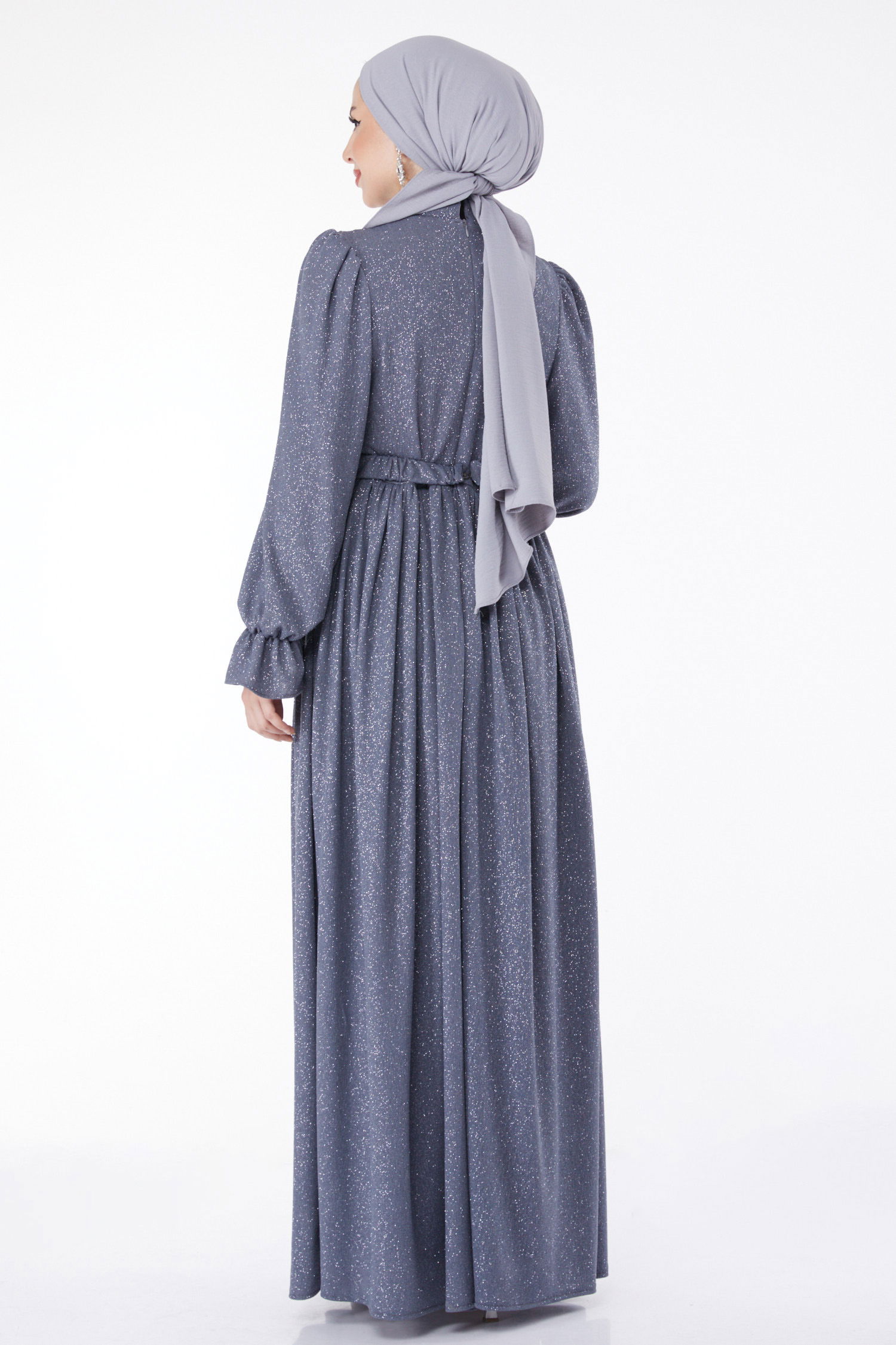 Simli Kemerli Abiye Elbise Gri - 25058 - 5