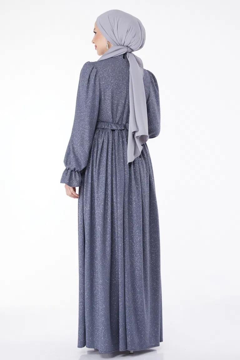 Simli Kemerli Abiye Elbise Gri - 25058 - TOFİSA
