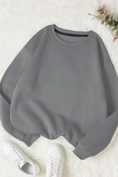 Kadın Bisiklet Yaka Oversize Sweatshirt Gri - 26567 