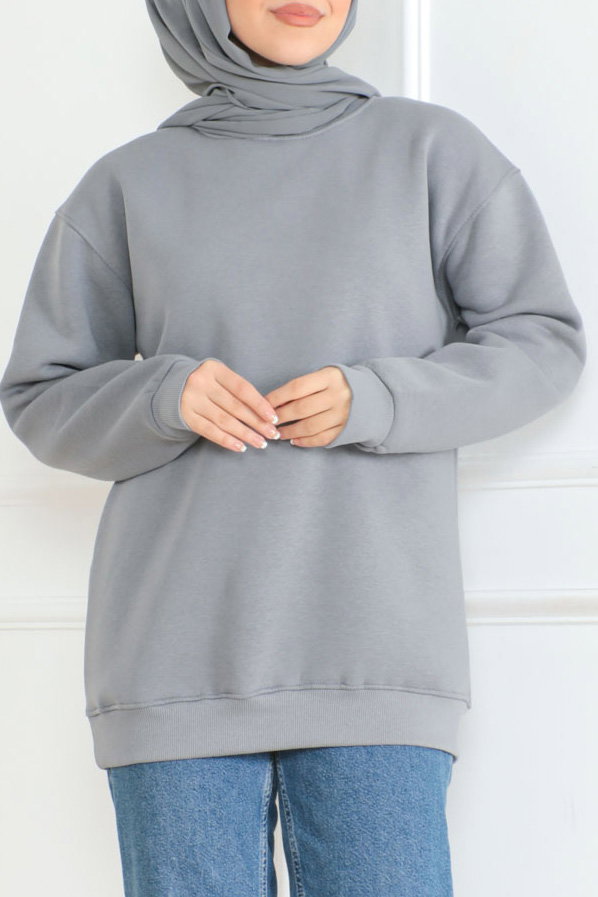 Kadın Bisiklet Yaka Salak Sweatshirt Gri - 26617 - 1