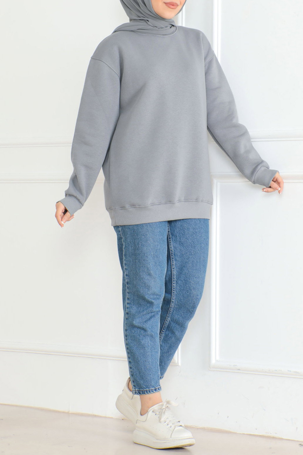 Kadın Bisiklet Yaka Salak Sweatshirt Gri - 26617 - 2