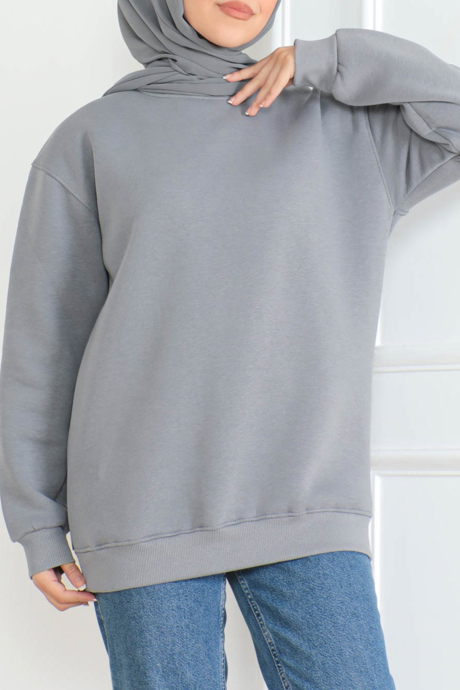 Kadın Bisiklet Yaka Salak Sweatshirt Gri - 26617 - 3