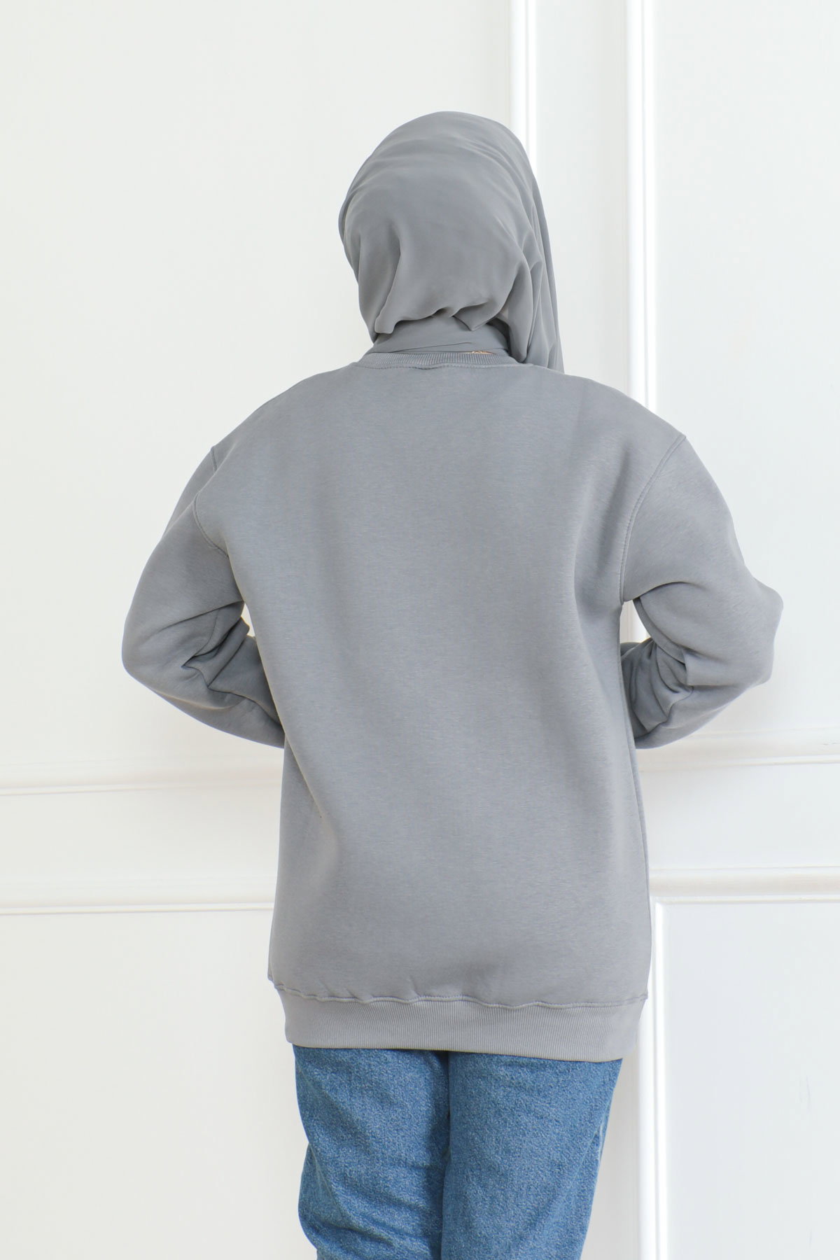 Kadın Bisiklet Yaka Salak Sweatshirt Gri - 26617 - 4