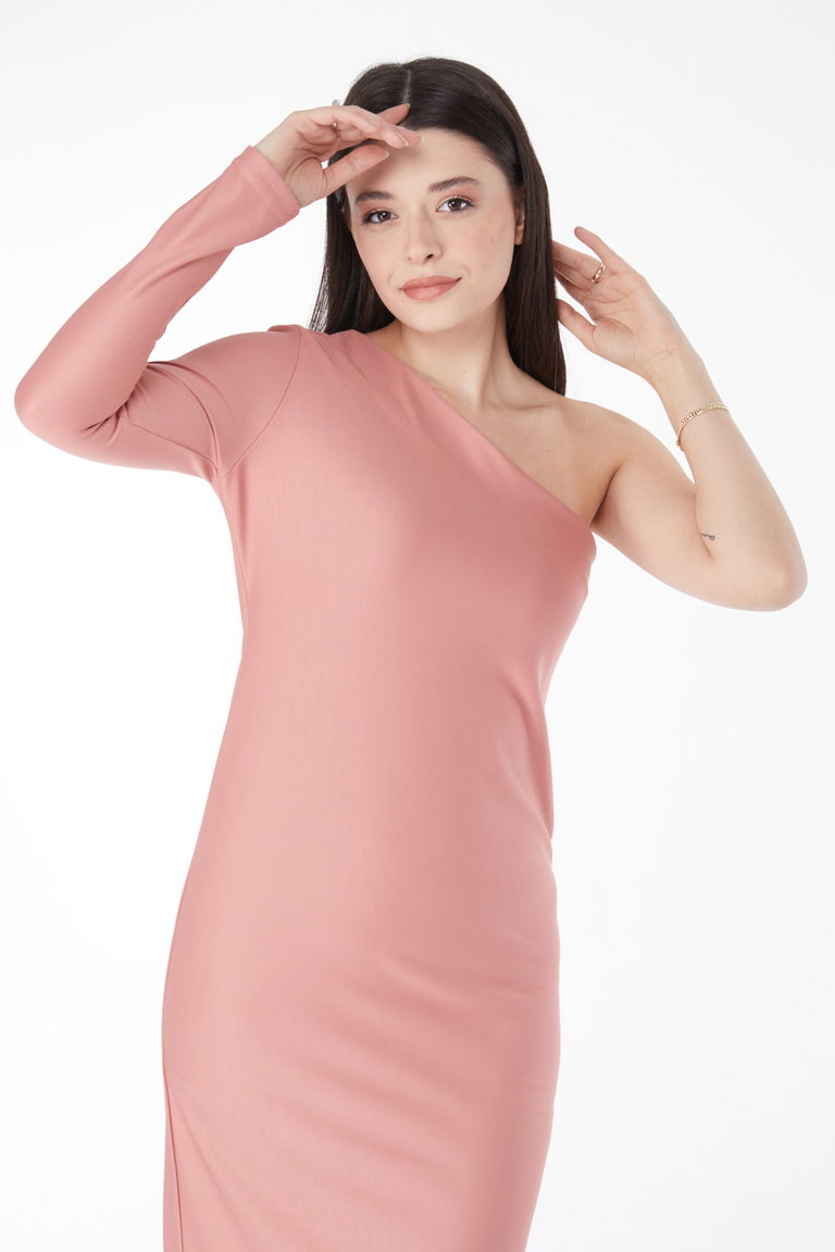 Düz Orta Kadın Gül Ara Boy Abiye Elbise - 13174 - TOFİSA