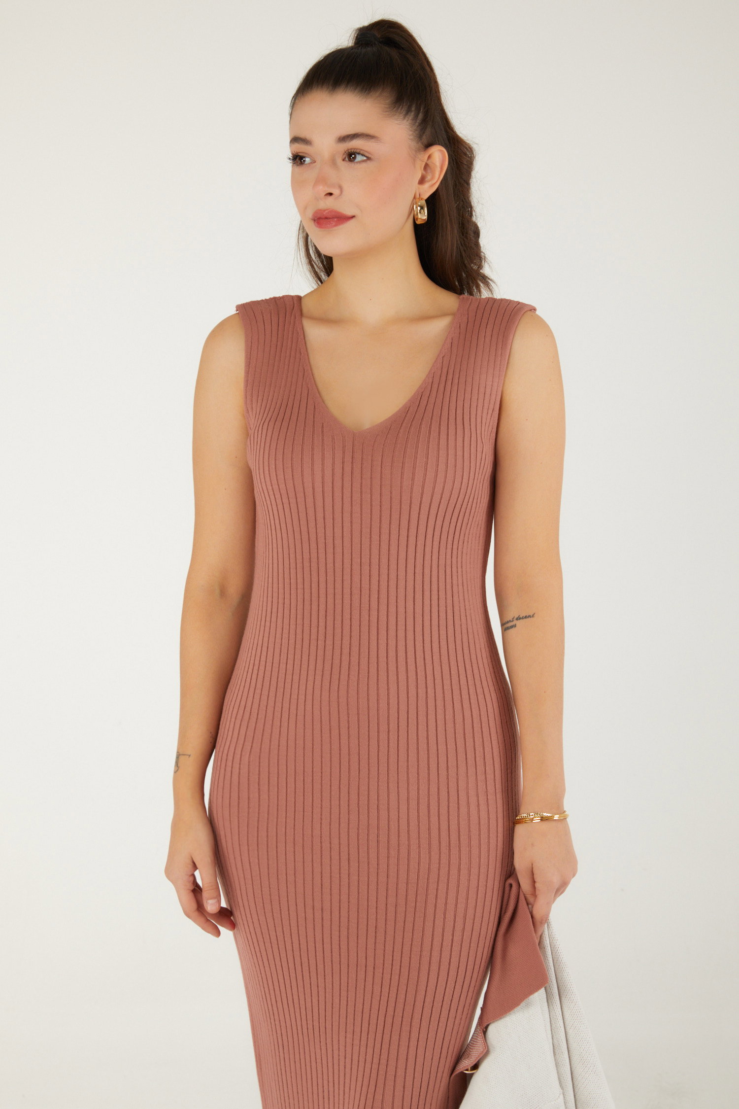 Düz Orta Kadın Gul Elbise Bolero Triko Takım - 26470 - 1
