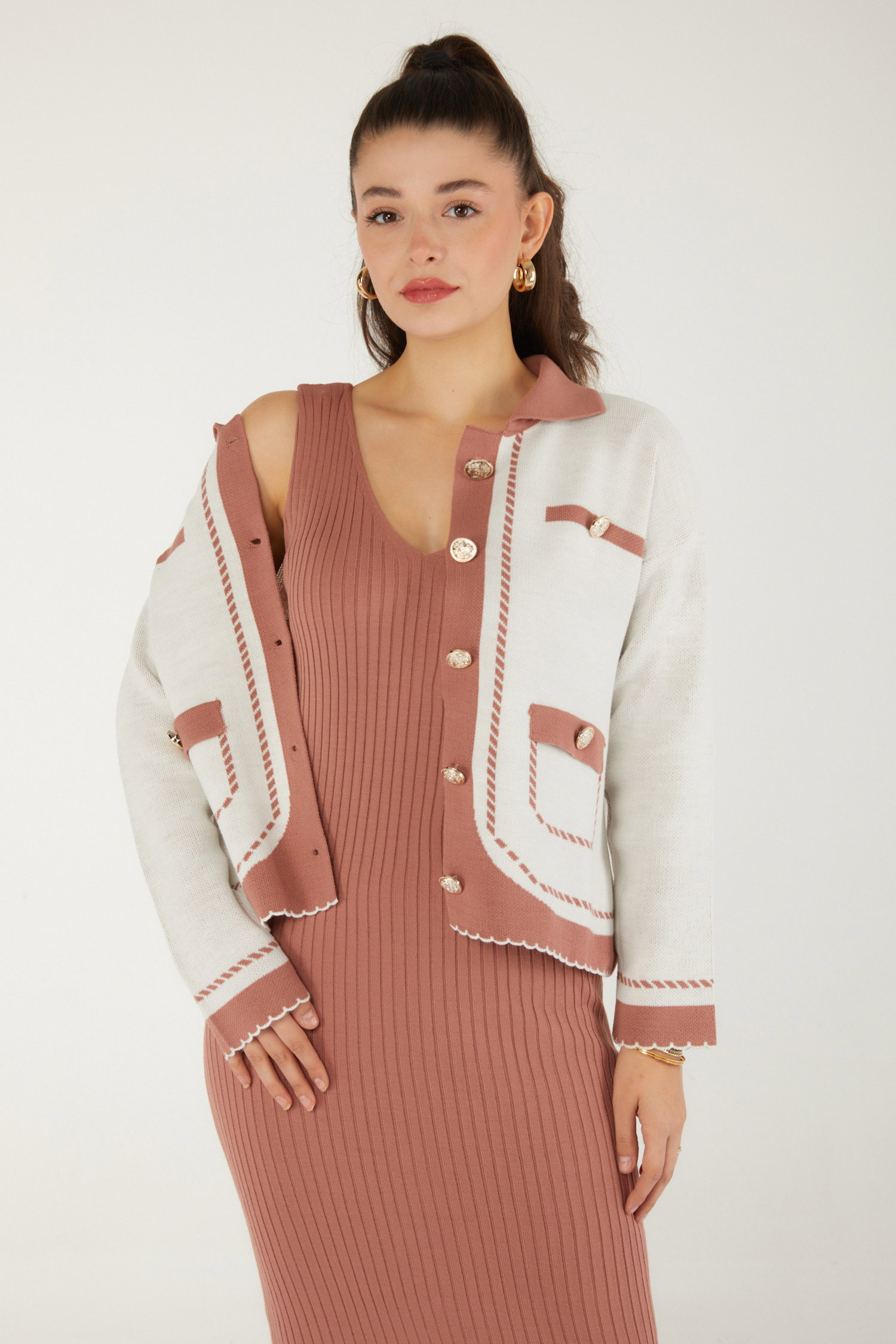 Düz Orta Kadın Gul Elbise Bolero Triko Takım - 26470 - 3