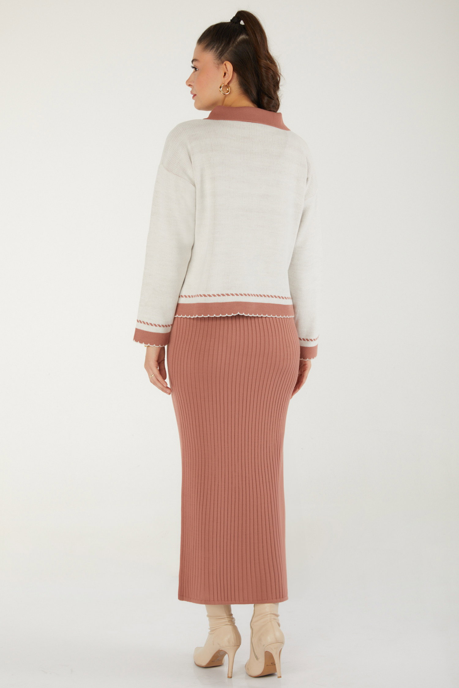 Düz Orta Kadın Gul Elbise Bolero Triko Takım - 26470 - 5