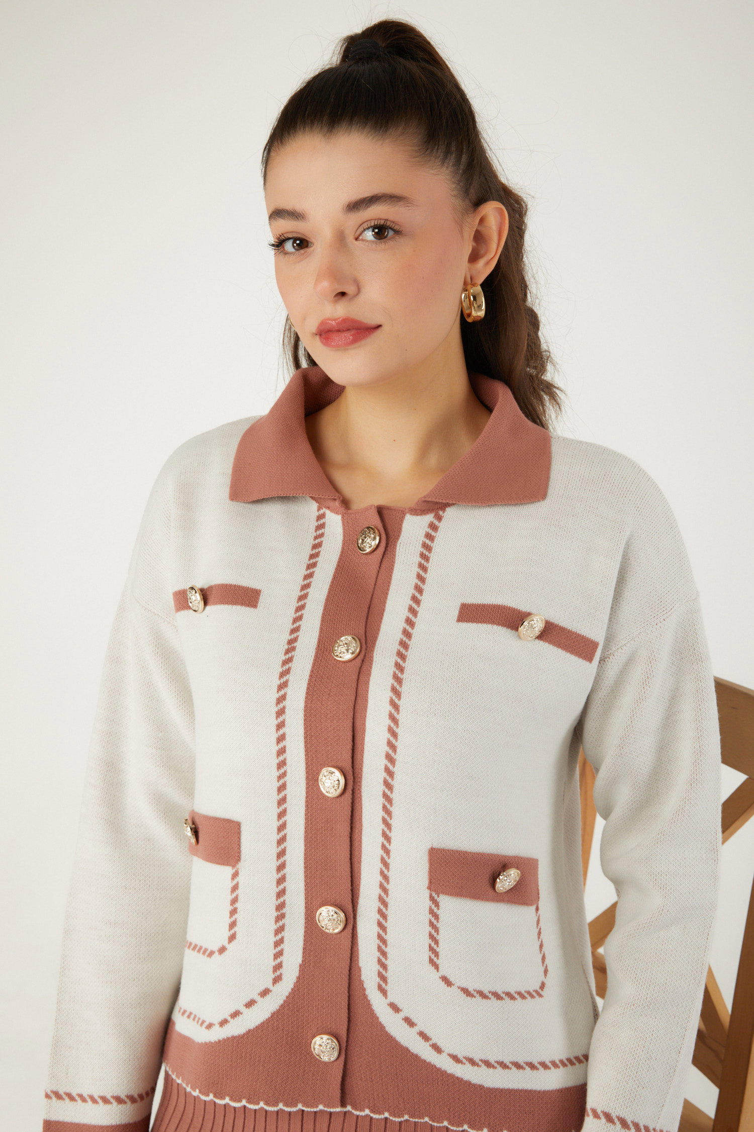 Düz Orta Kadın Gul Elbise Bolero Triko Takım - 26470 - 6