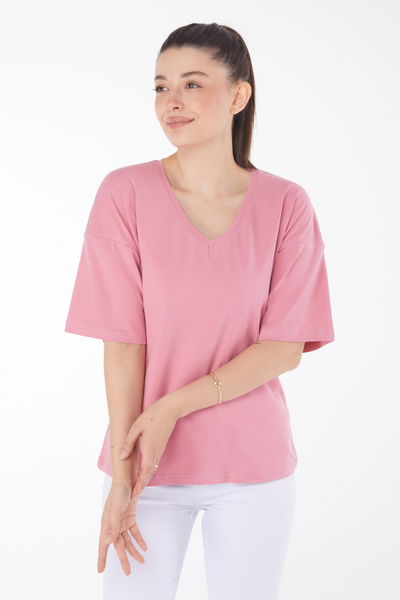 Düz Orta Kadın Gül T-Shirt - 25848 