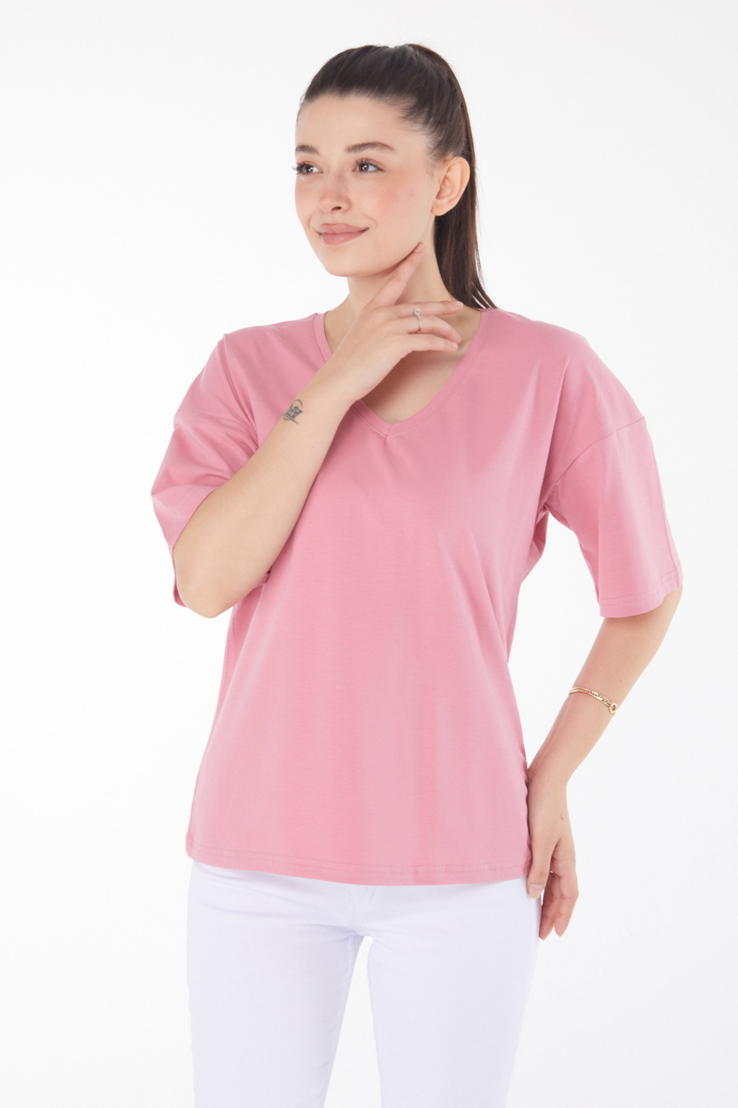 Düz Orta Kadın Gül T-Shirt - 25848 - 2