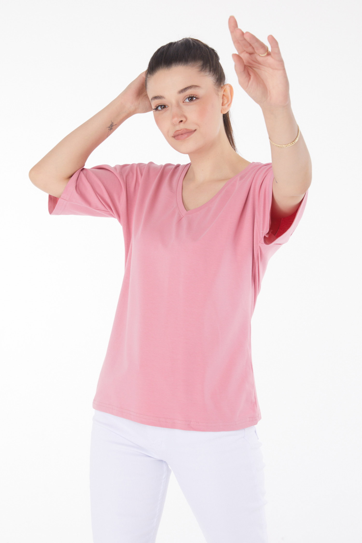 Düz Orta Kadın Gül T-Shirt - 25848 - 3
