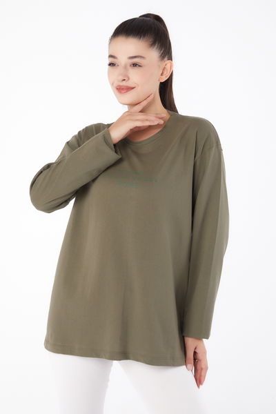 Düz Orta Kadın Haki Baskılı Sweat - 26264 