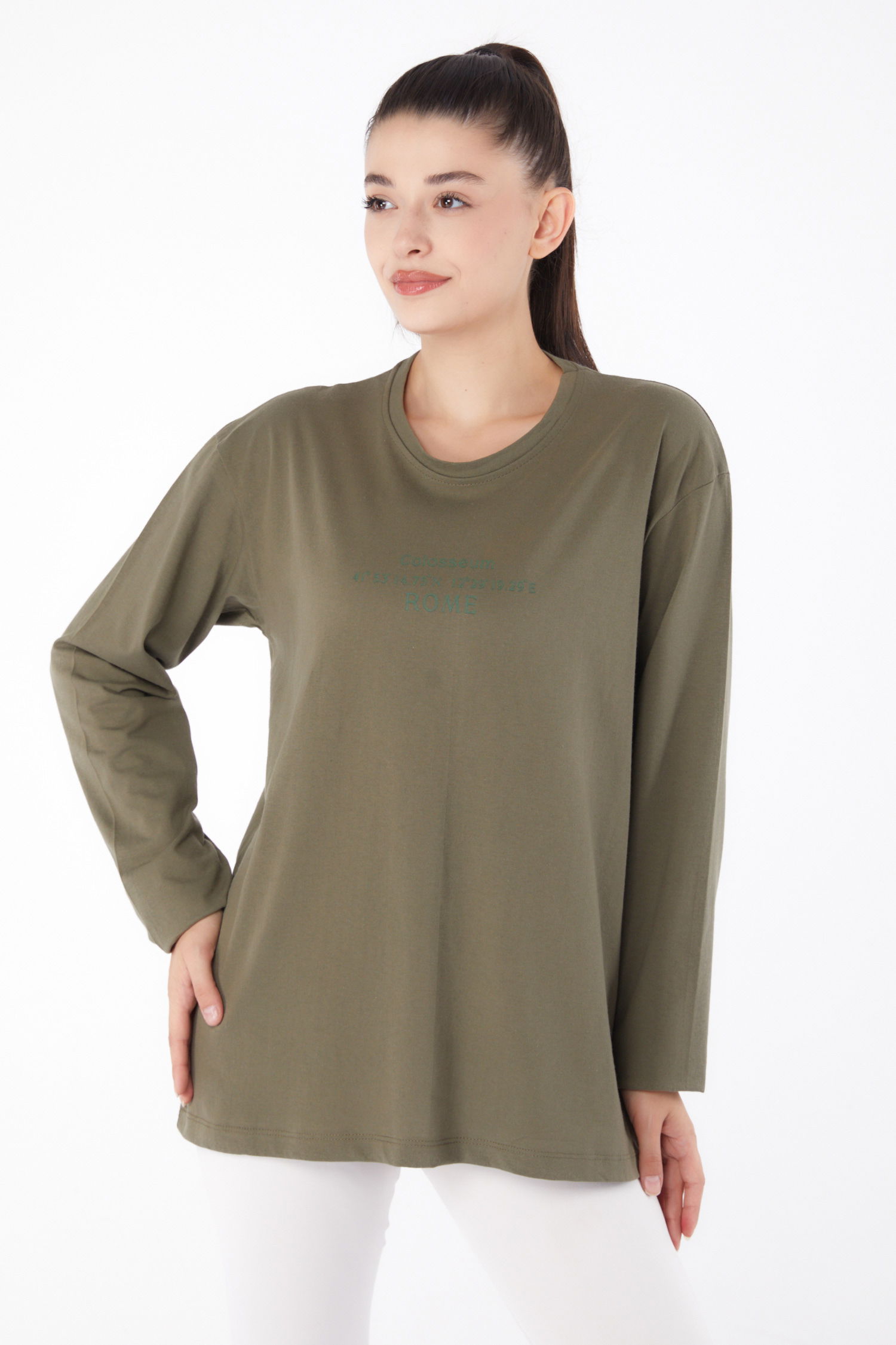 Düz Orta Kadın Haki Baskılı Sweat - 26264 - 2