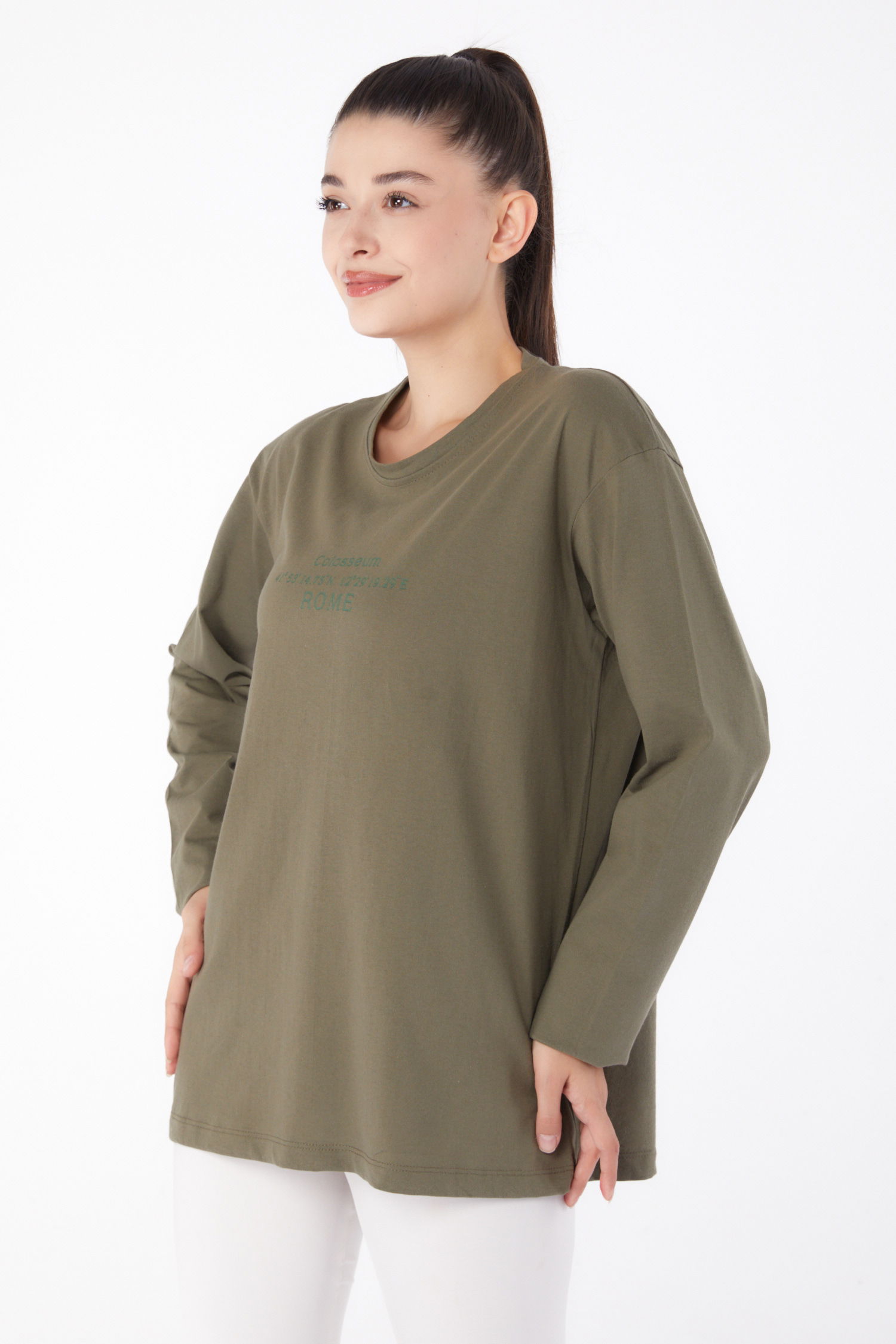 Düz Orta Kadın Haki Baskılı Sweat - 26264 - 3