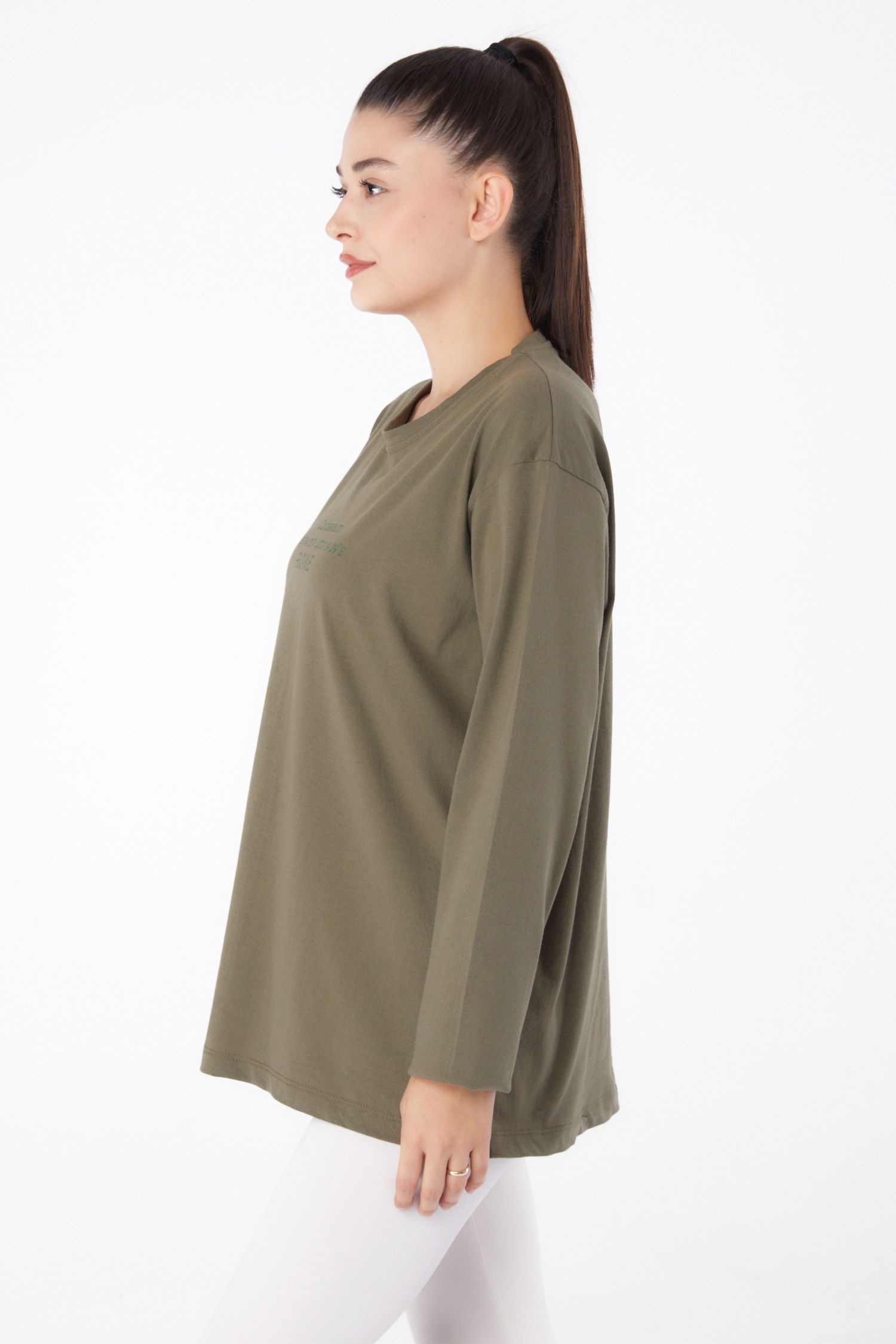 Düz Orta Kadın Haki Baskılı Sweat - 26264 - 4