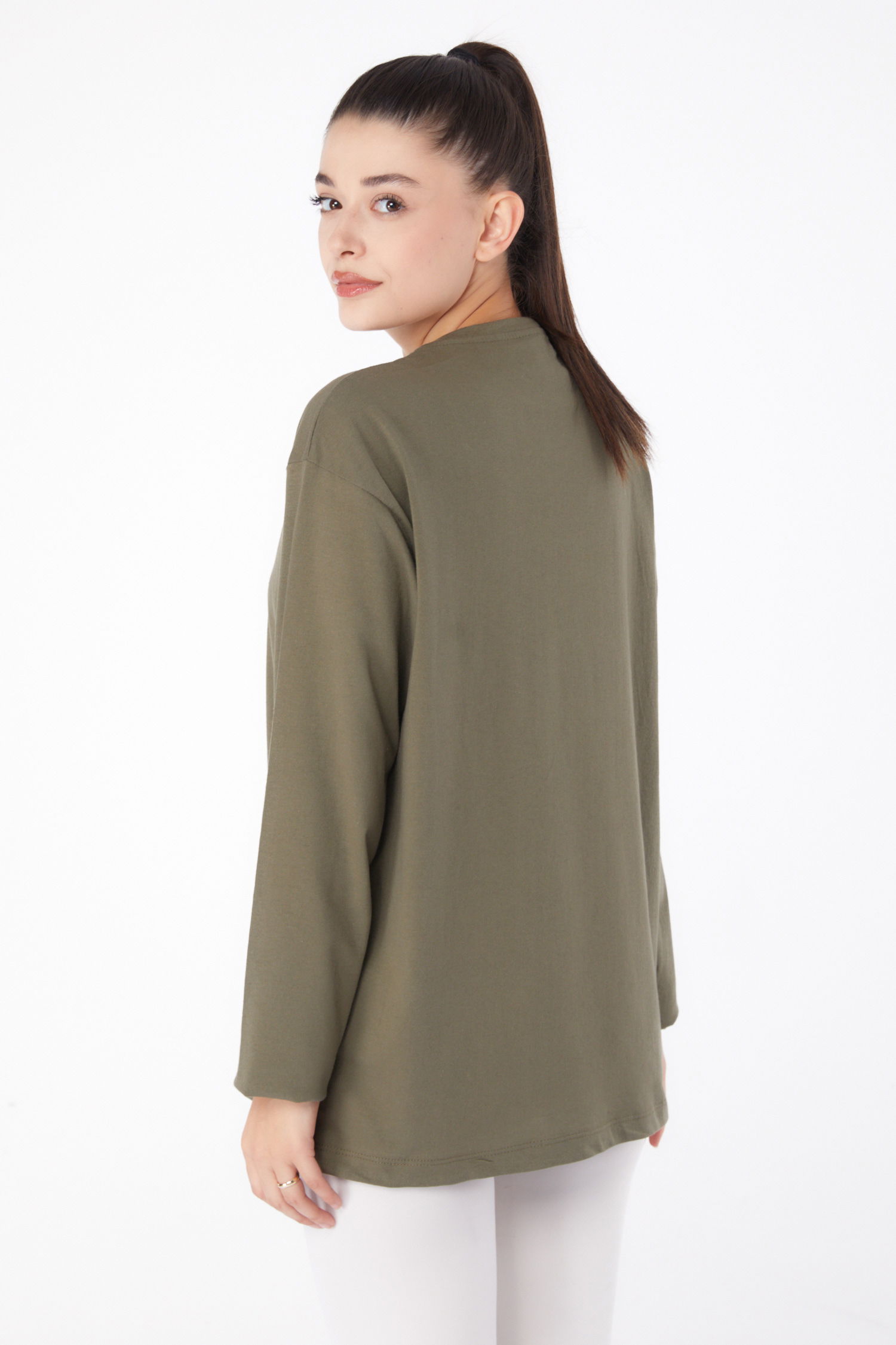 Düz Orta Kadın Haki Baskılı Sweat - 26264 - 5