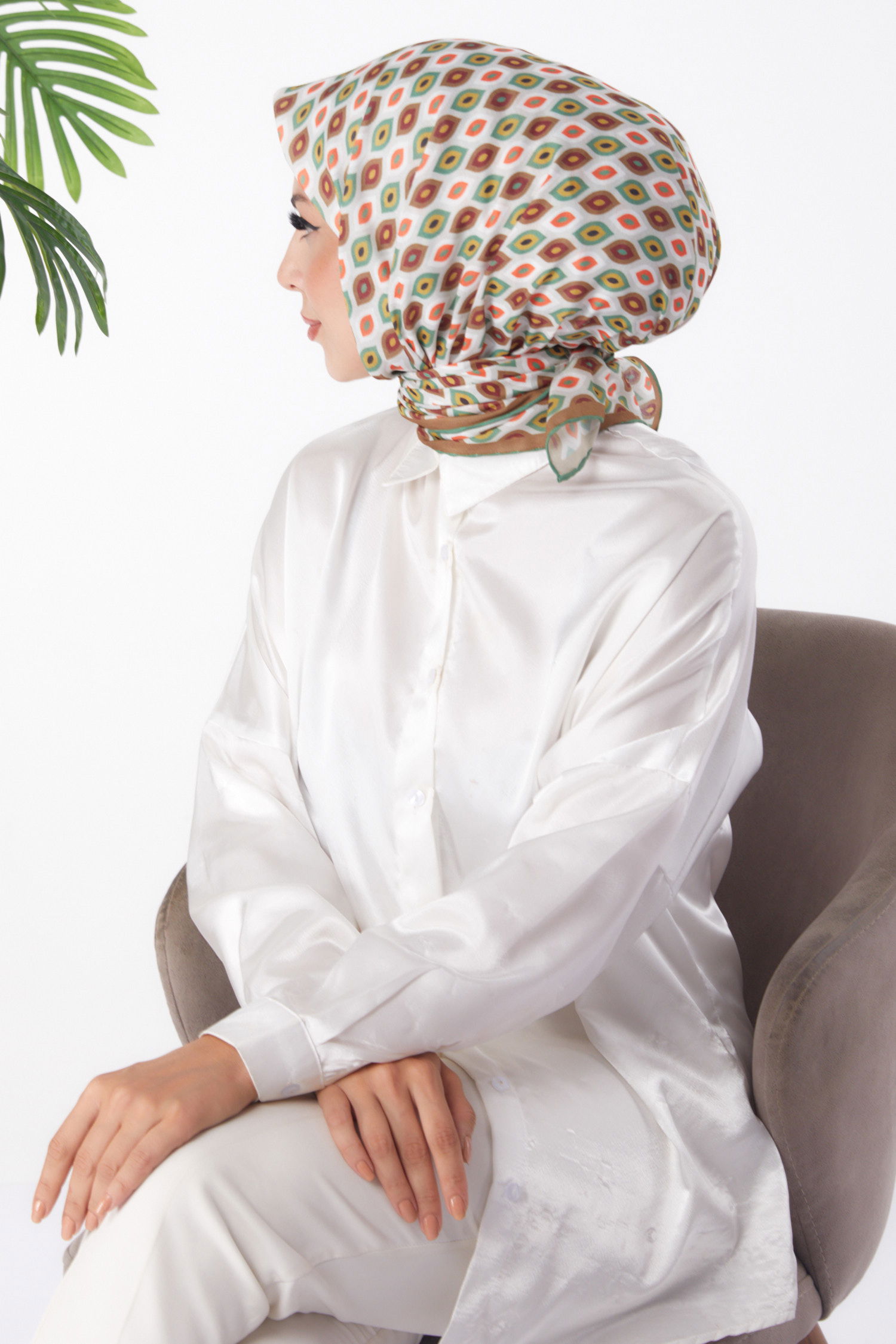 Düz Orta Kadın Haki Desenli Eşarp - 26151 - 3